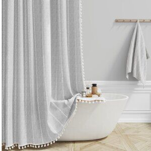 Boho Linen Shower Curtain Gray Extra Long Embroidered Tassels 73 x 96 Farmhouse